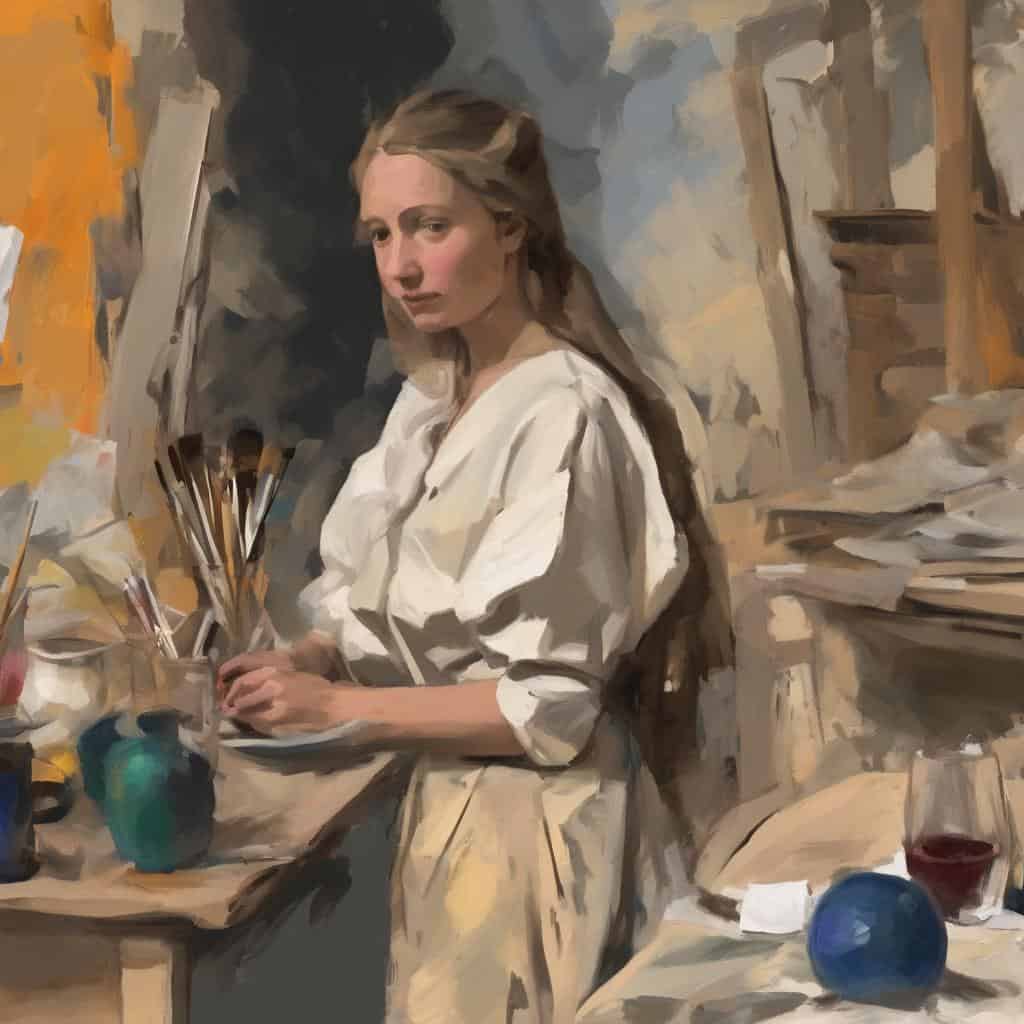 Ζωγραφική στούντιο με γυναίκα καλλιτέχνη σε ατελείωτη δημιουργία, σύγχρονες τάσεις στην τέχνη και καλλιτεχνική έκφραση.