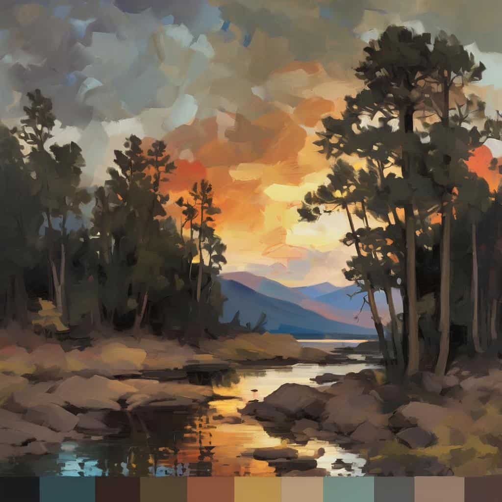 Γαλάζιος ουρανός με σύννεφα πάνω από λίμνη και πευκοδέντρα, τέχνη και σύγχρονες τάσεις στην τέχνη, φυσική ομορφιά, αποτύπωση τοπίων, ζωγραφική τοπίου.