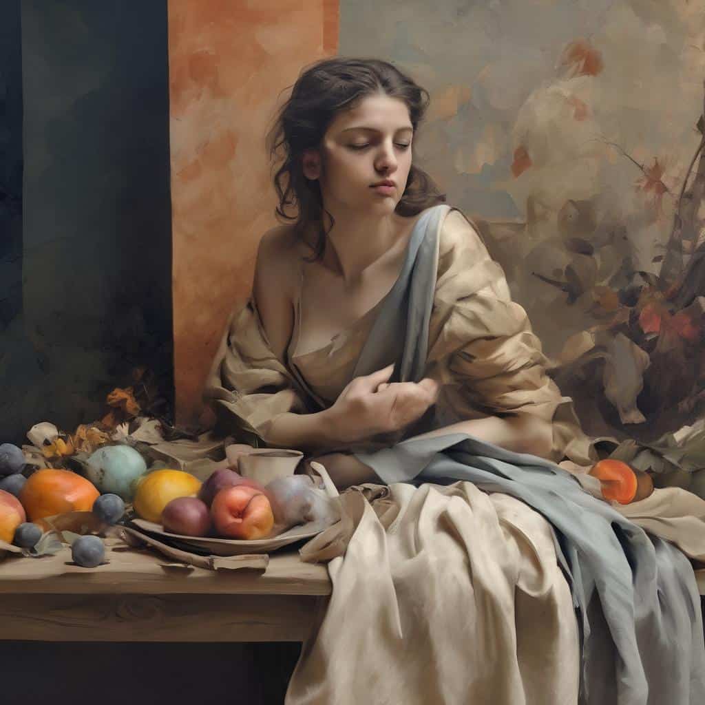 Καλλιτεχνική σύνθεση με γυναίκα και φρούτα σε σύγχρονες καλλιτεχνικές τάσεις στην τέχνη.