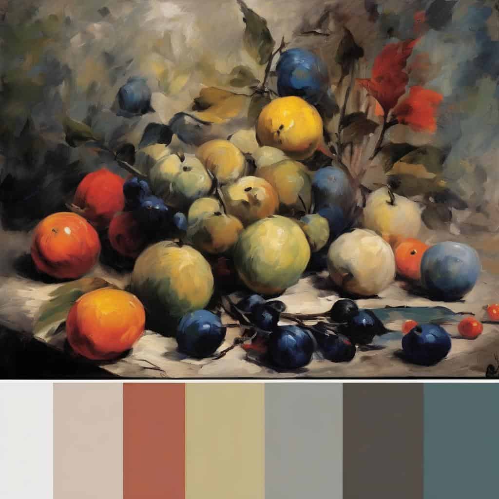 Γραμμένο αρχείο, χρωματικές αποχρώσεις, ανάλυση σύγχρονων τάσεων στην τέχνη, φρούτα σε ζωγραφική σύνθεση, μοντέρνα τέχνη, ζωγραφική με ακρυλικά και λάδι.