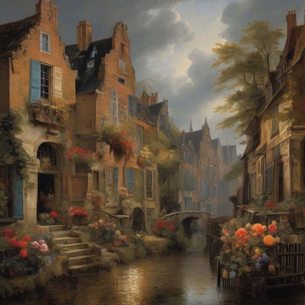 Παραδοσιακή ευρωπαϊκή πόλη με κανάλι και πολύχρωμα λουλούδια, ζωγραφική με στοιχεία σύγχρονης τέχνης και ρεαλιστικό στιλ.